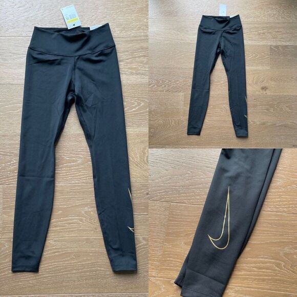 Nike One Leggings Womens XS Icon Clash Black Gold Glitter Mid-Rise DM1608 010 - Picture 1 of 6